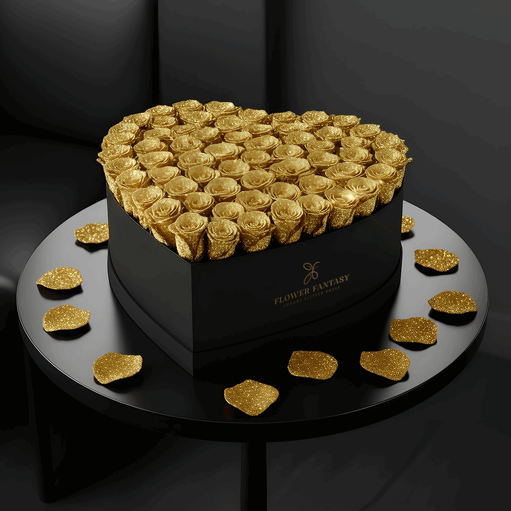 Heart Glitter Rose Box | Gold