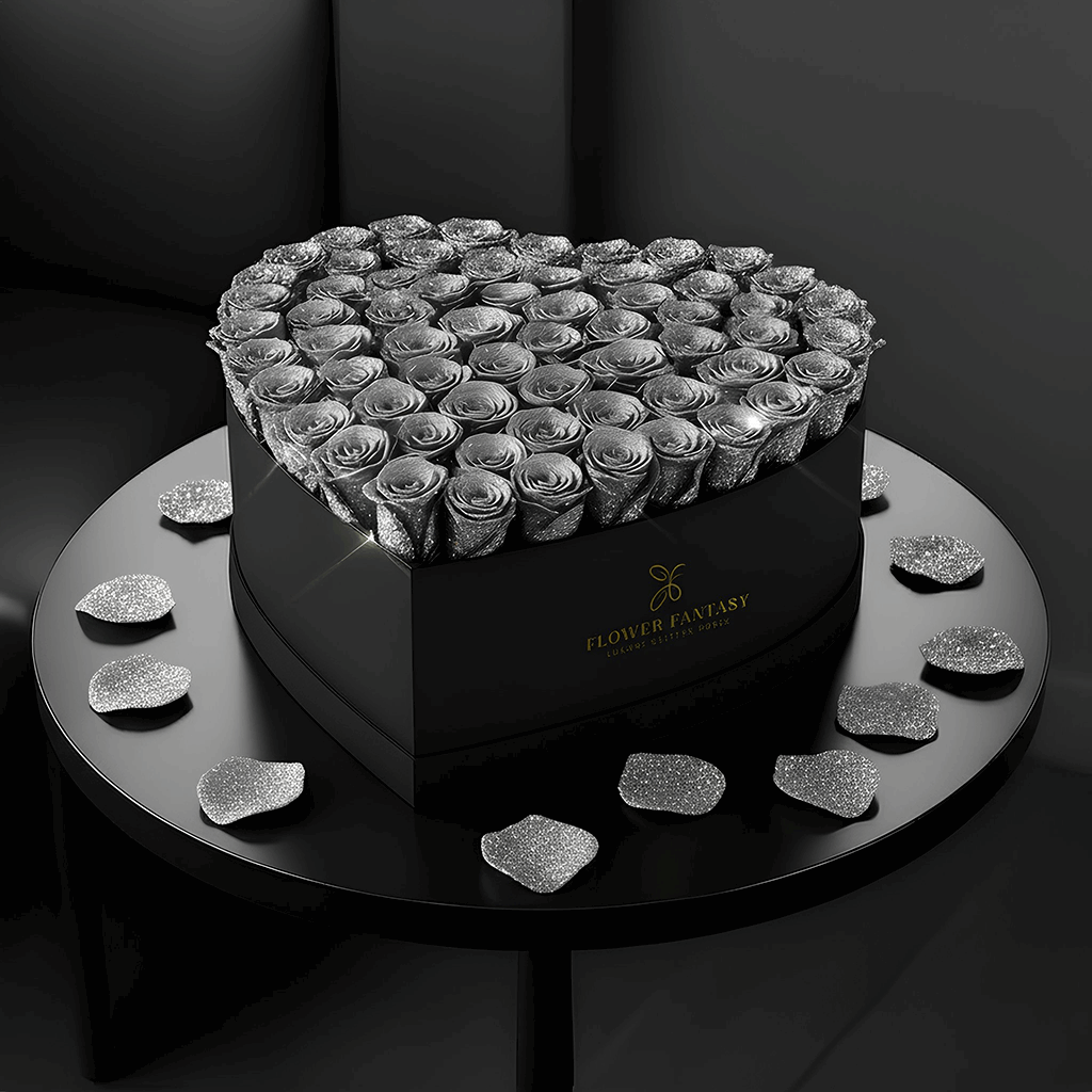 Heart Glitter Rose Box | Silver
