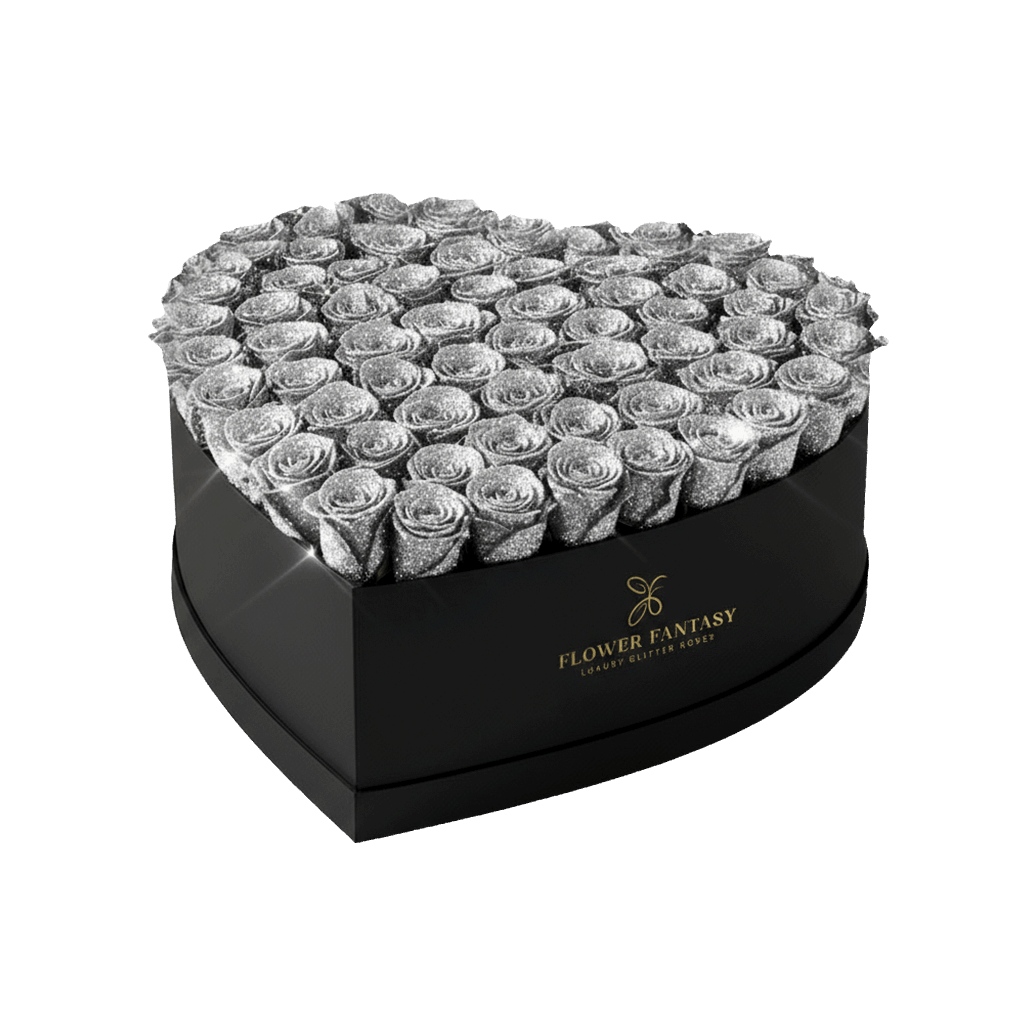 Heart Glitter Rose Box | Silver